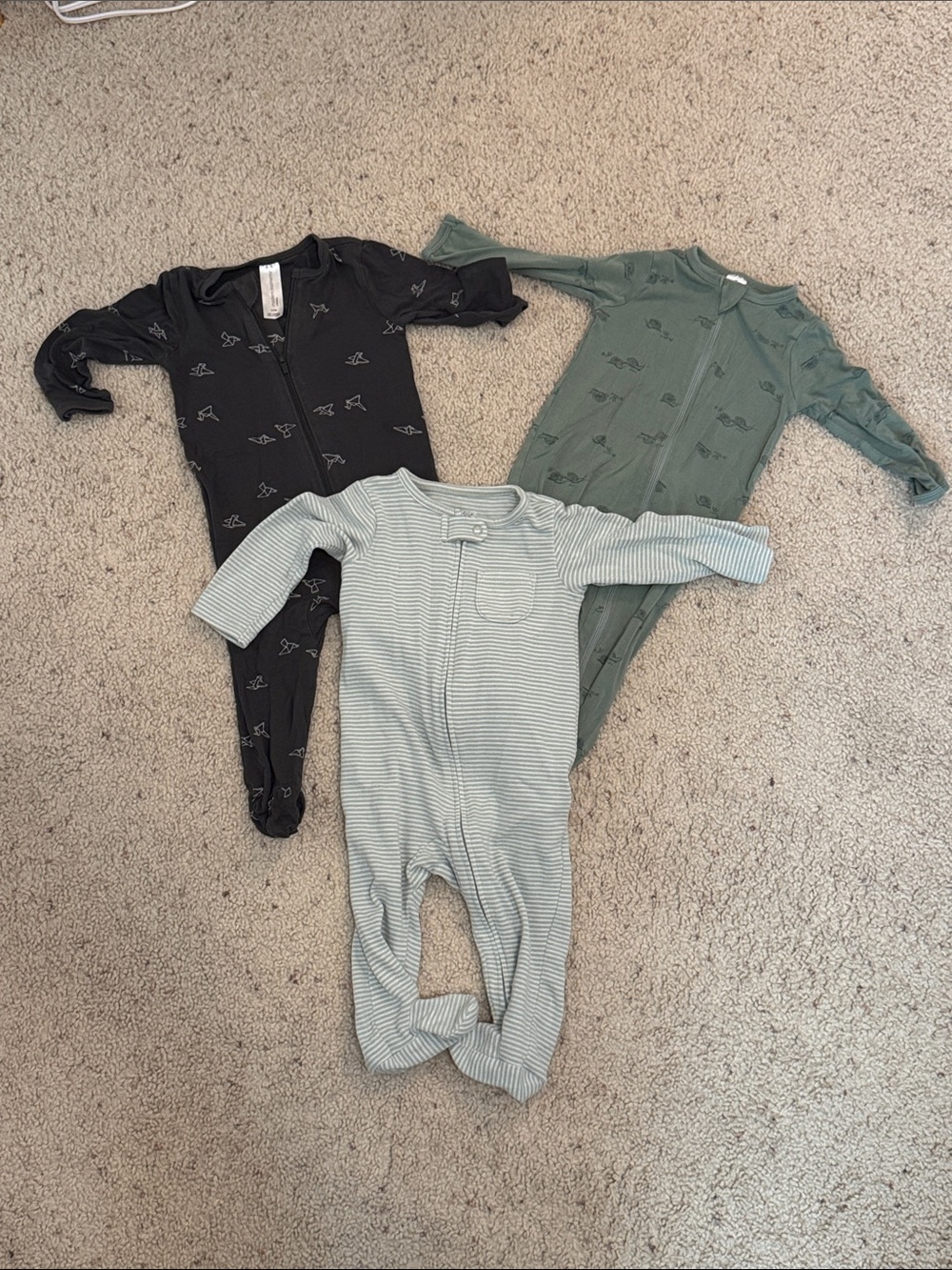 3-Pack Zip Front Footed One-Pieces - Black, Sage, Light Green Stripe